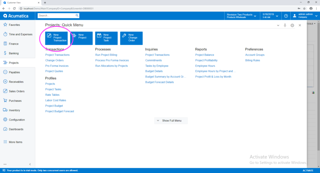 Projects Quick Menu