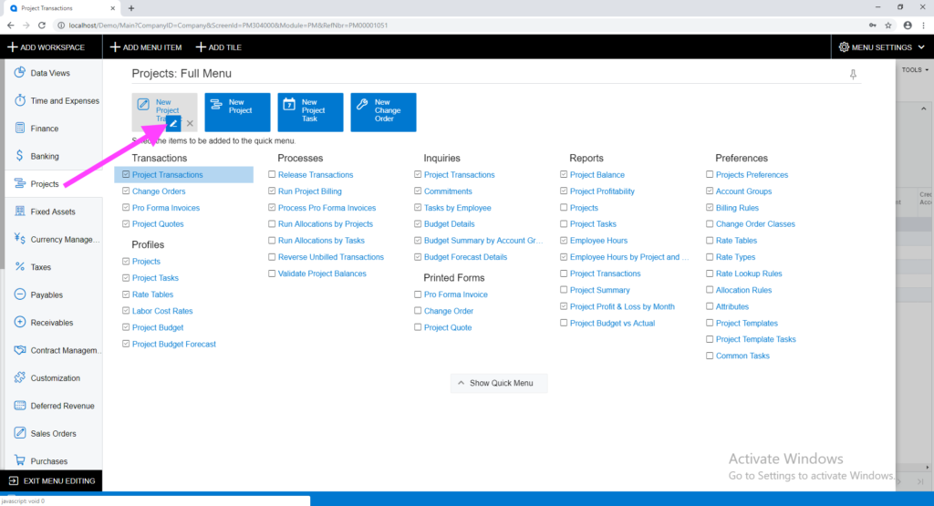 Edit icon on Acumatica Project workspace