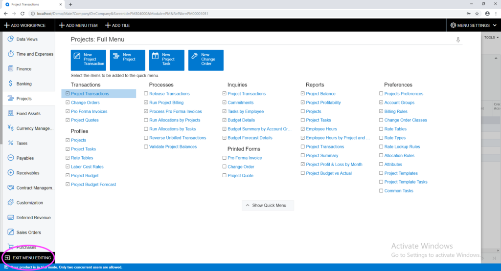 Exit Tile Editing in Acumatica